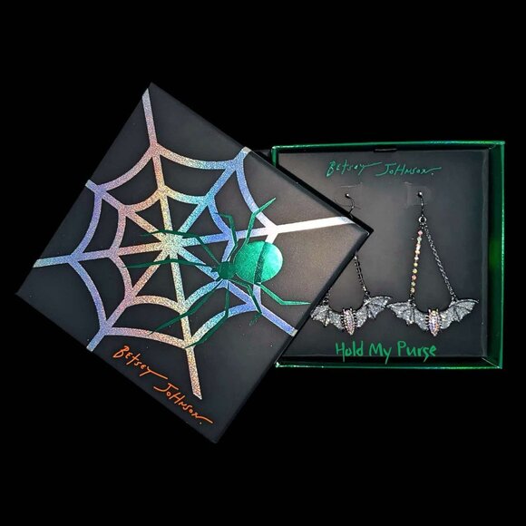 Betsey Johnson Halloween Iridescent Rhinestone Bat Goth Costume Earrings - Picture 6 of 6